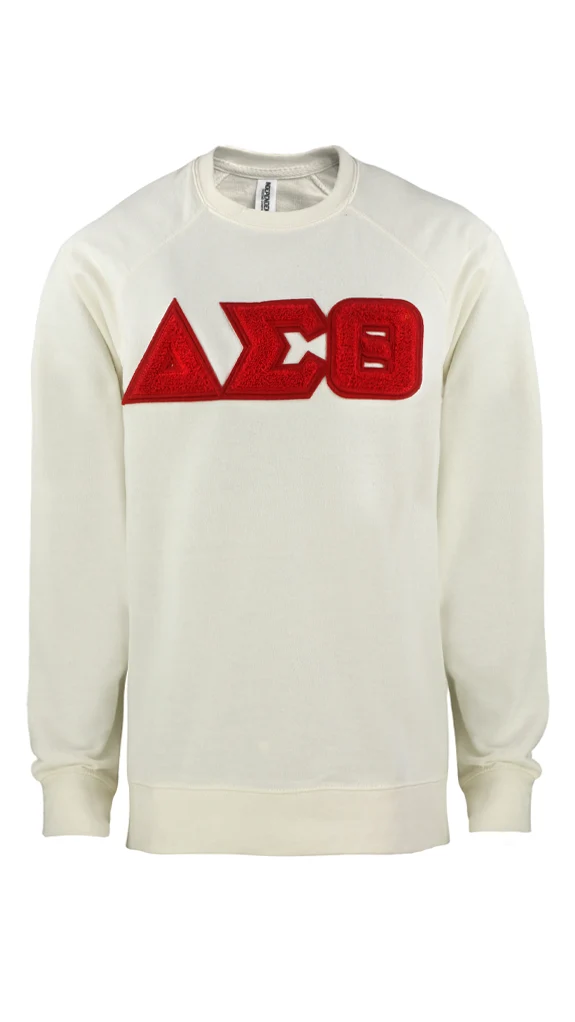 sorority sweatshirt with embroidered red logo on off white